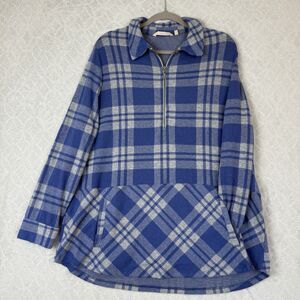Soft Surroundings Flannel Tunic Womens XL Petite Blue Plaid Cozy Cabin 1/2 Zip